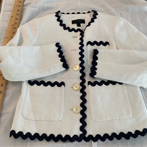 NWOT J. Crew blazer white linen navy Rick rack wavy trim SZ 00. - Picture 15 of 16